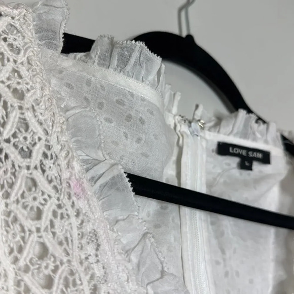 LOVE SAM VIVIENNE EYELET EMBROIDERY MINI WHITE DRESS sz L - Picture 7 of 9